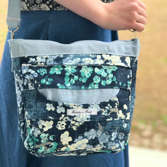 Blue beige Teal floral canvas crossbody purse