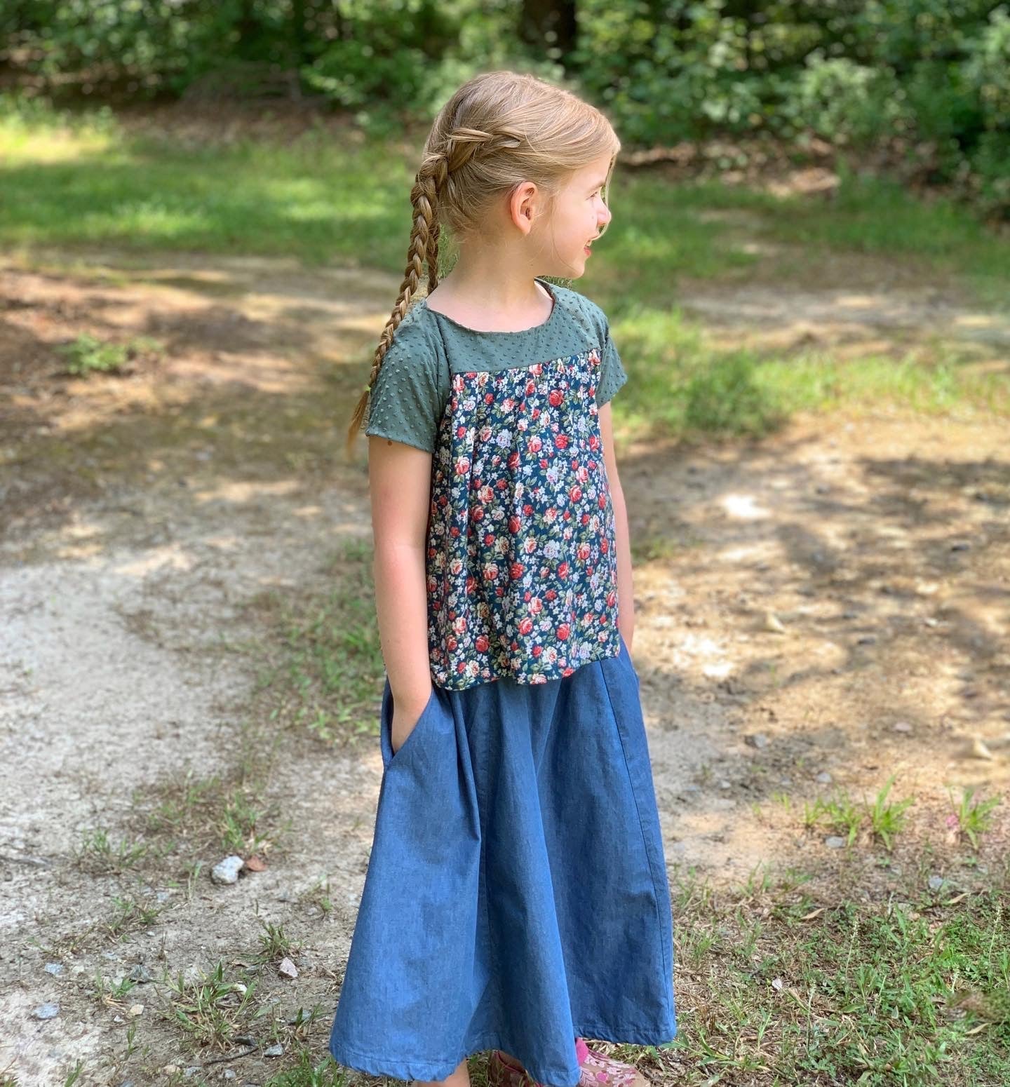 Picture of Girl modeling Custom sewn Shirt & Denim Skirt that has pockets