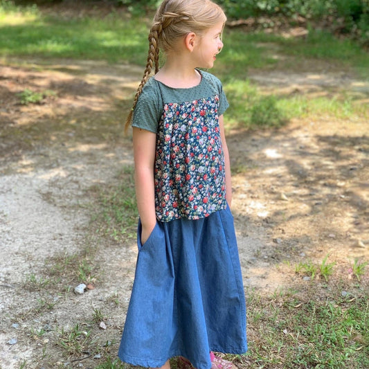 Picture of Girl modeling Custom sewn Shirt & Denim Skirt that has pockets