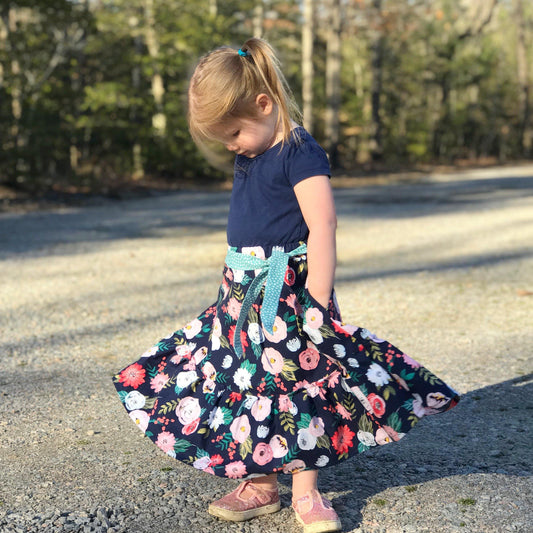 Navy Floral Modern Prairie Skirt-Modesty n Mind-Girls' Clothing,Grow-with-me Clothing,Made to Order