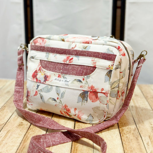 Burgundy and watercolor floral canvas Bible Bag front view 