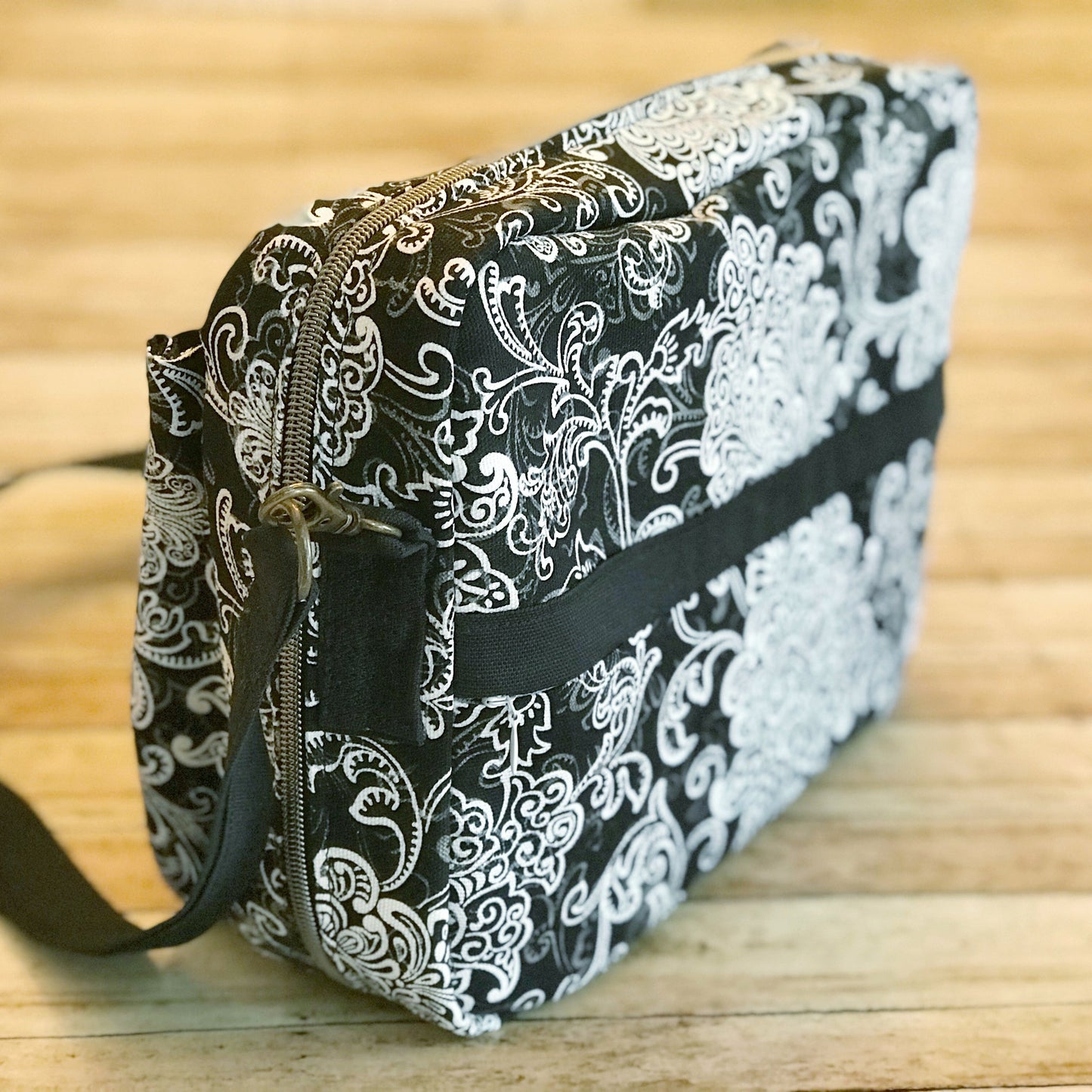 back view of black and charcoal bible bag