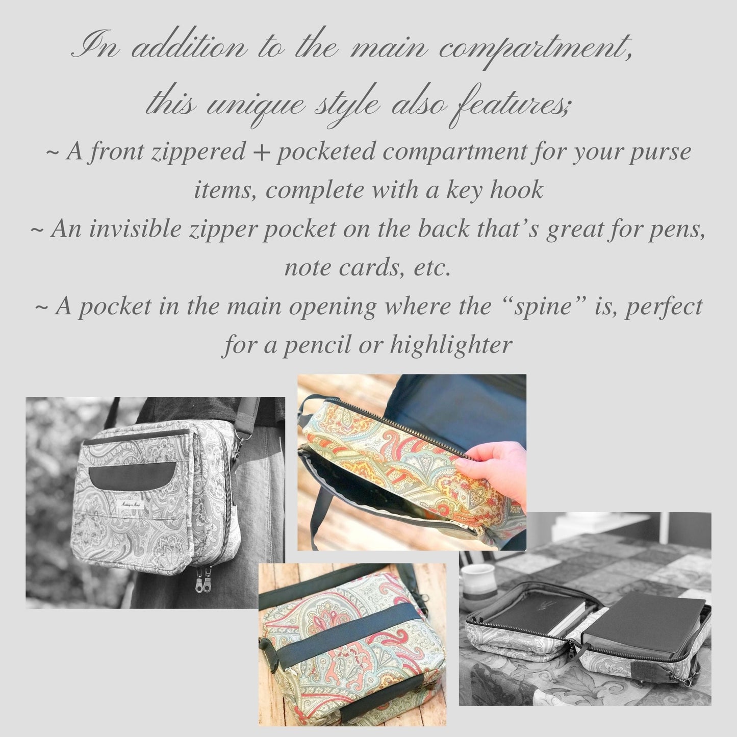 Graphic showing some of the bag's features: In addition to the main compartment, this unique style also features a front zippered compartment, and invisible zipper pocket, and a pocket on the spine of the bag
