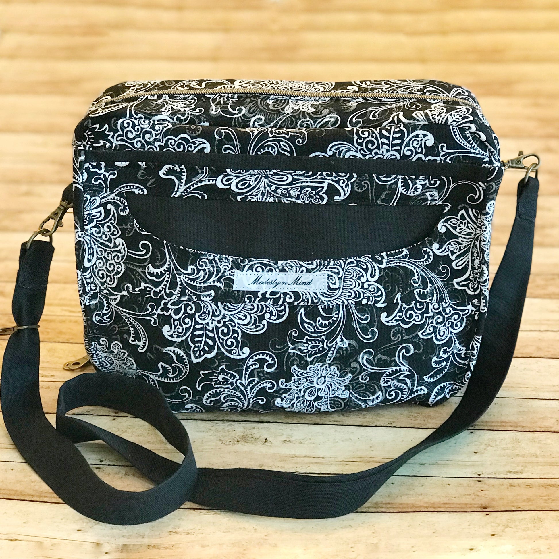 Front view of Black and Charcoal and White Custom Sewn Bible Bag with crossbody or shoulder length strap