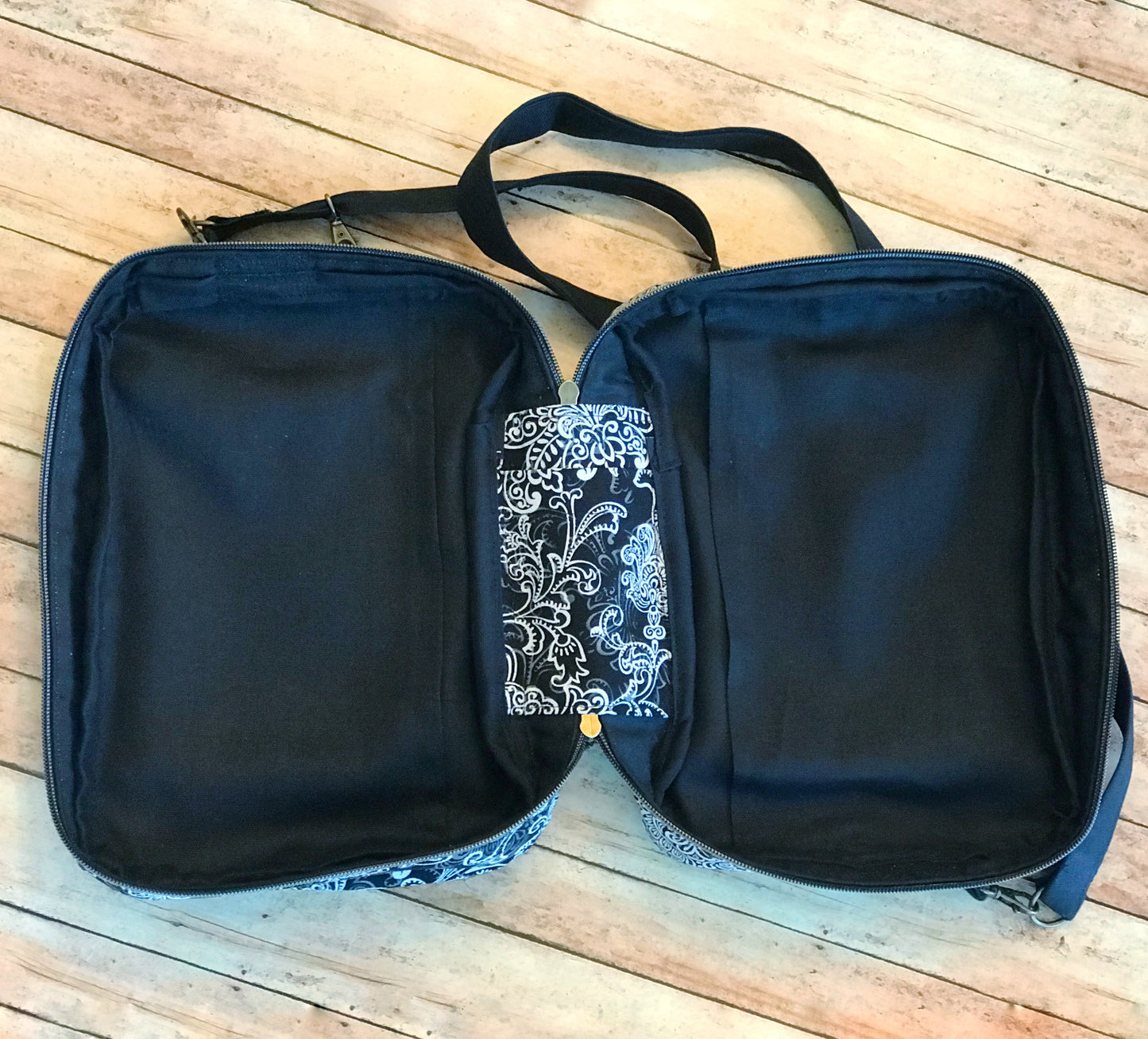 inside view of black white and charcoal Bible Bag; example shown is made to carry 1 book.