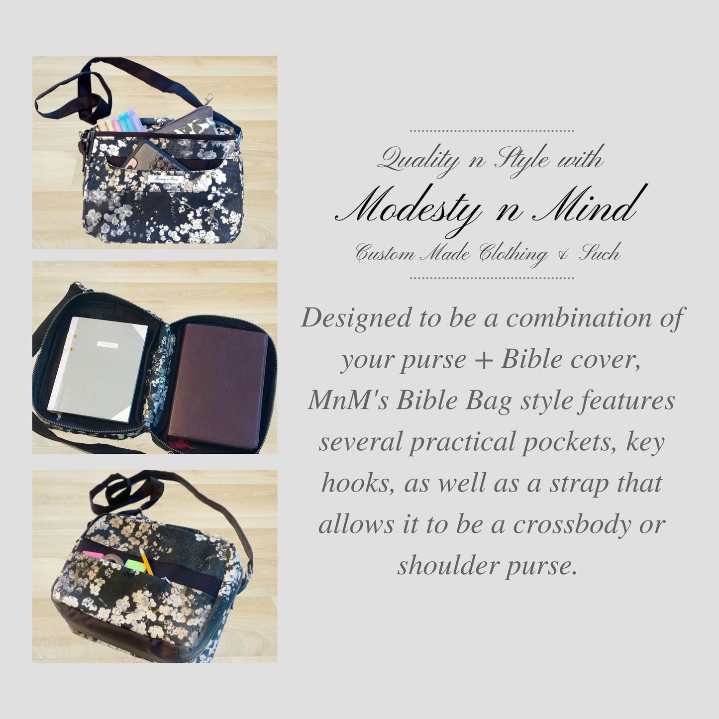 Image of Bible bag Description: Designed to be a combination of a purse + Bible cover, the Bible Bag style features several practical pockets, key hooks, & a strap that allows it to be worn as a crossbody or shoulder purse.