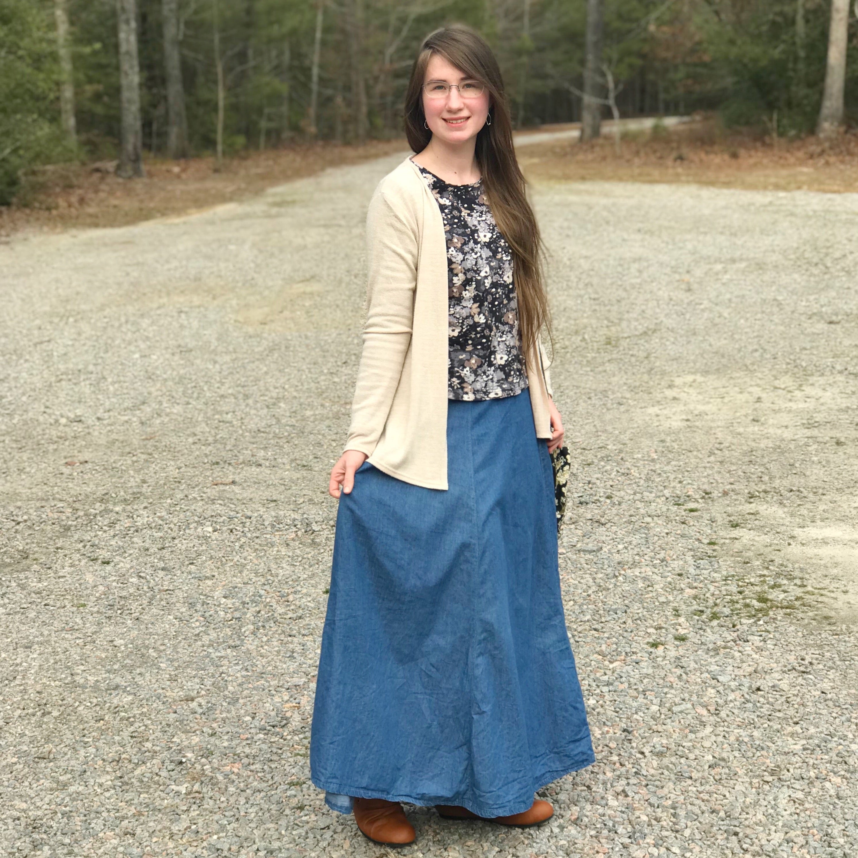 Mid length denim skirts long outlet modest