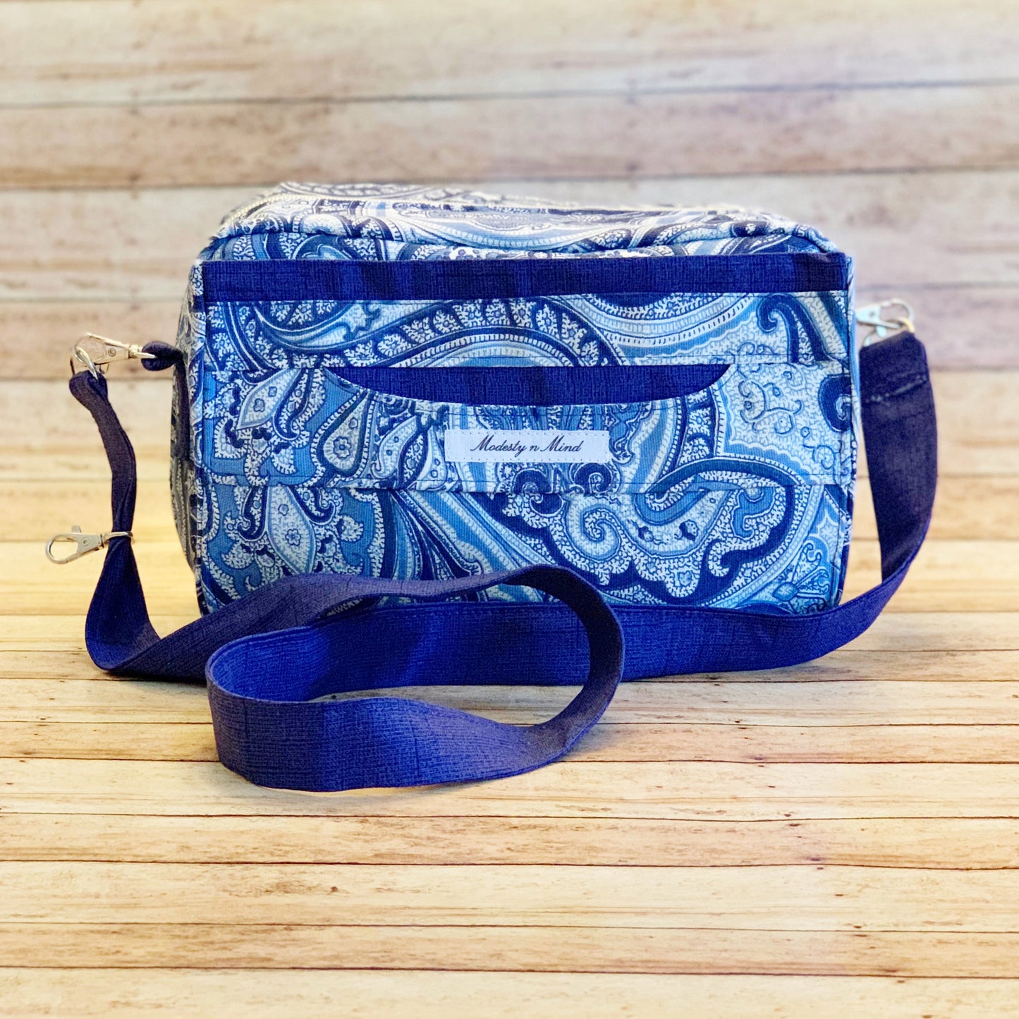 Front view of Multi-colored blue paisley Bible Bag with crossbody or shoulder strap