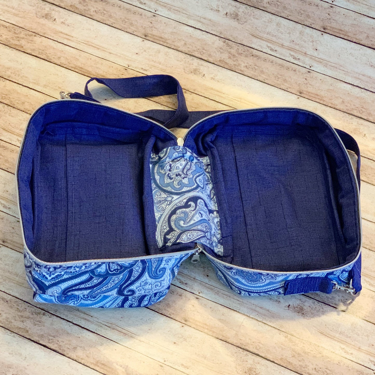 Inside view of multi-colored blue Bible Bag, sewn to carry either 1 or two books