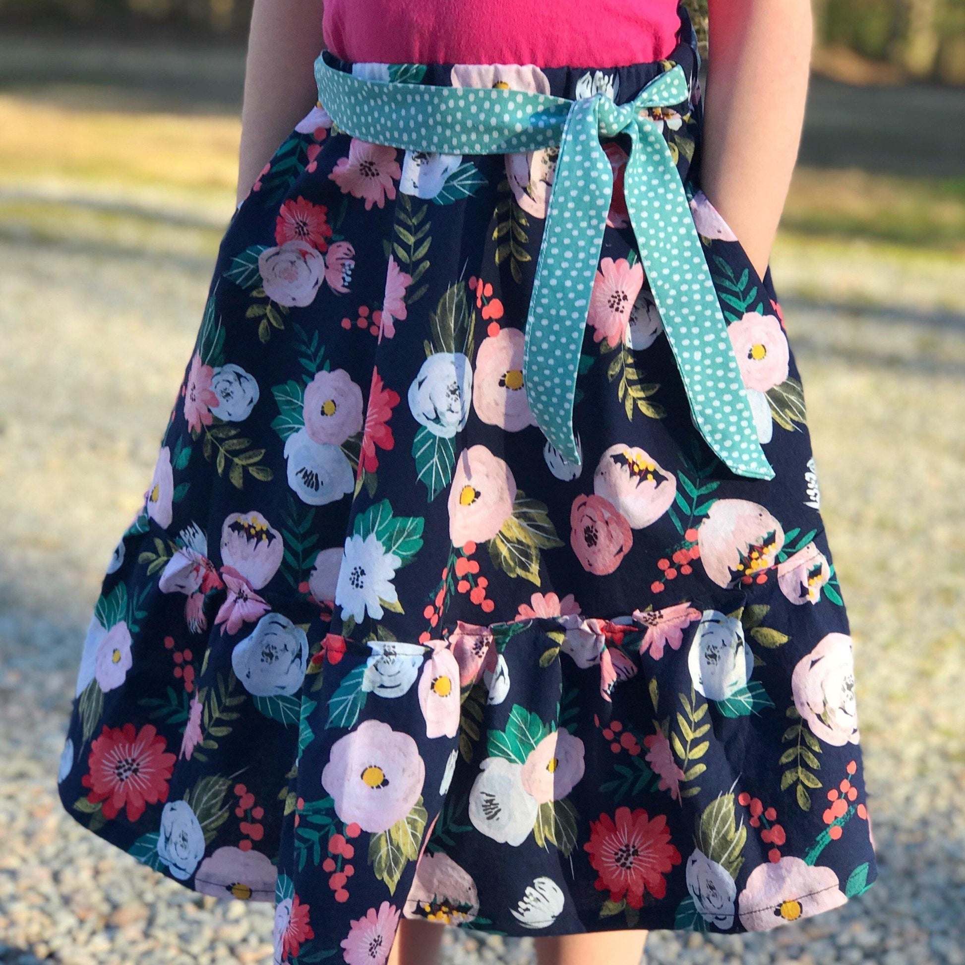 Navy Floral Modern Prairie Skirt-Modesty n Mind-Girls' Clothing,Grow-with-me Clothing,Made to Order